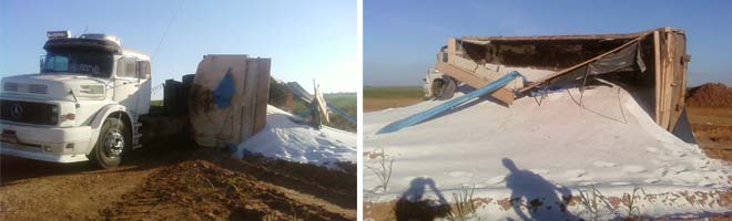 Carreta com carga de açúcar tomba em vicinal