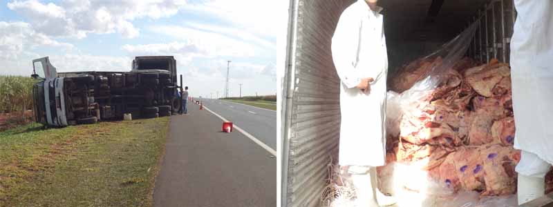Caminhão carregado com costela bovina tomba na rodovia