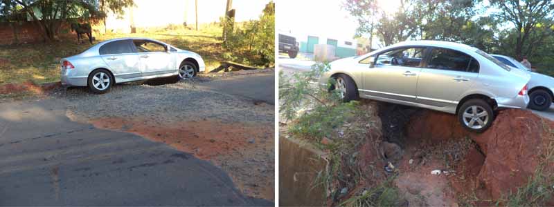 Carro quase cai em valeta após motorista perder o controle da direção