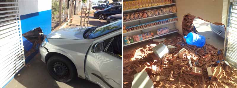 Após se envolver em acidente com moto, carro colide e derruba parte da parede de farmácia