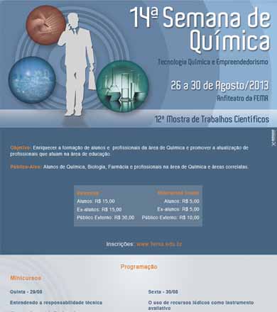 Fema realiza de 26 a 30 de agosto a 14ª Semana de Química