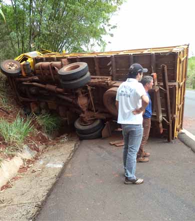 Motorista invade pista oposta e tomba caminhão carregado com grama