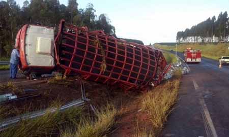 Caminhão capota e motorista morre ao ser lançado da cabine