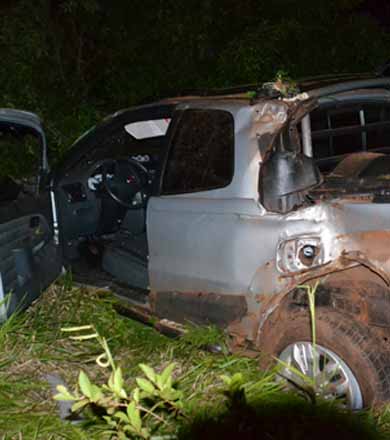 Motorista perde controle da direção e pick-up vai parar em mata