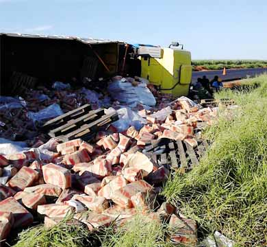 Caminhão tomba e espalha 28t de açúcar em acostamento de rodovia