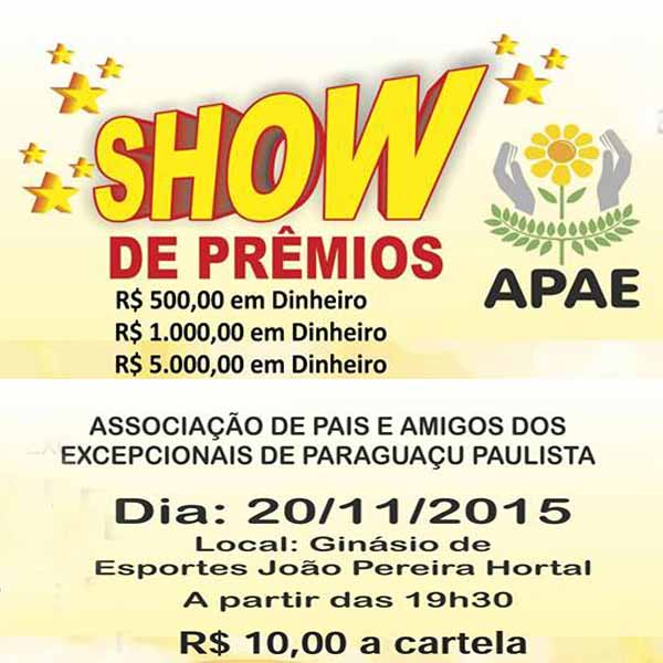 APAE realiza show de prêmios nessa sexta-feira