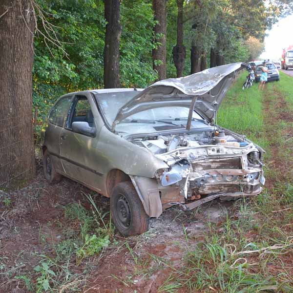 Motorista perde controle da direção e colide carro contra árvore
