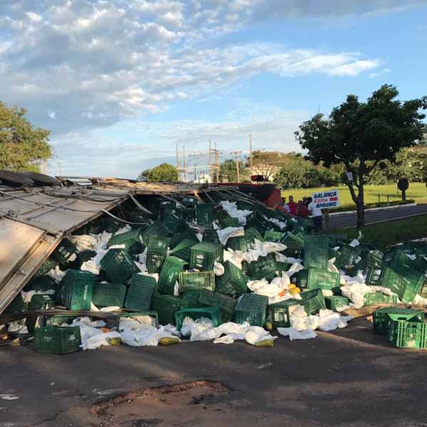 Carreta carregada com mamões tomba em rodovia de Echaporã