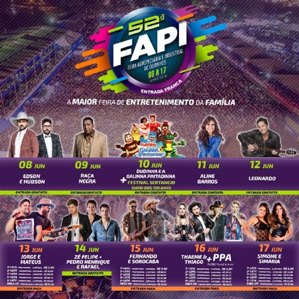 FAPI de Ourinhos terá shows com Simone e Simaria, Jorge e Mateus e outros; confira