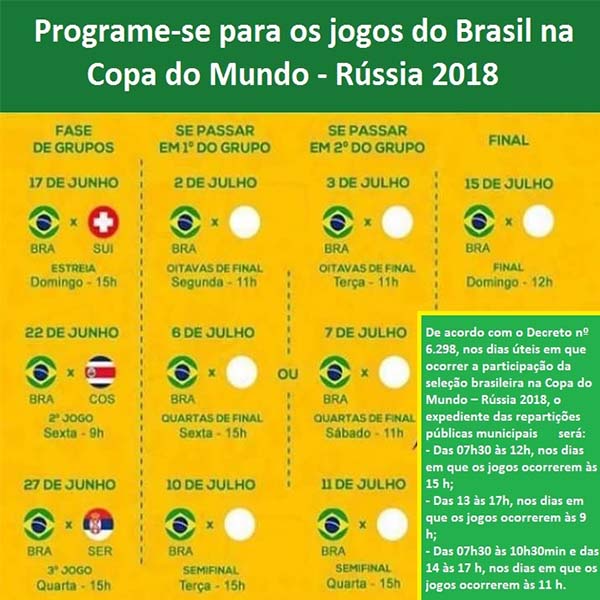 Prefeitura de Paraguaçu terá expediente até o meio-dia nesta quarta-feira, dia de jogo do Brasil