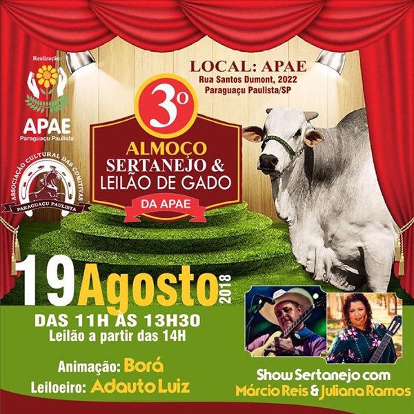 Apae promove 3º Almoço Sertanejo e Leilão de Gado neste domingo