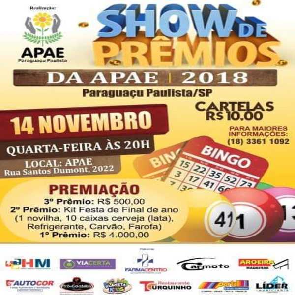 APAE de Paraguaçu realizará mais um Show de Prêmios