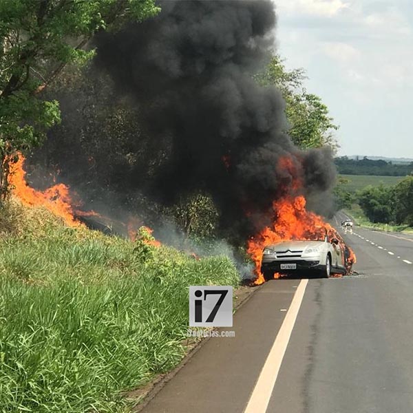 Carro pega fogo e chamas atingem plantação de cana, em Paraguaçu