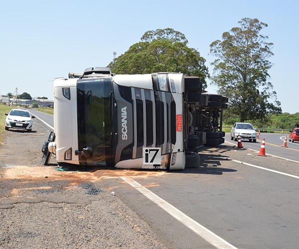Caminhão com carcaças de frango tomba no acesso à rodovia Manílio Gobbi