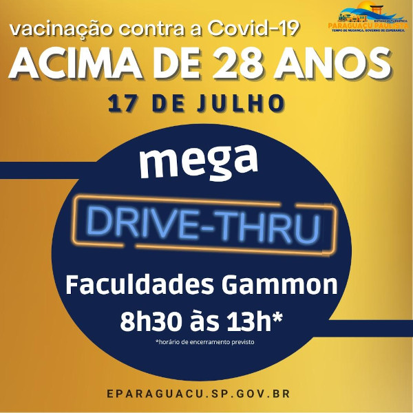 Mega drive vai vacinar acima de 28 anos neste sábado (17) em Paraguaçu