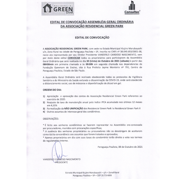 Edital de Convocação Assembleia Geral Ordinária da Associação Residencial Green Park