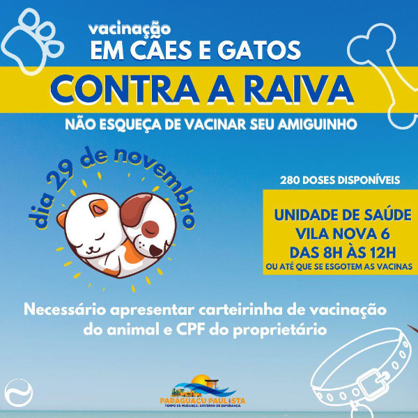 Hoje tem vacinação contra raiva na Unidade de Saúde da Vila Nova