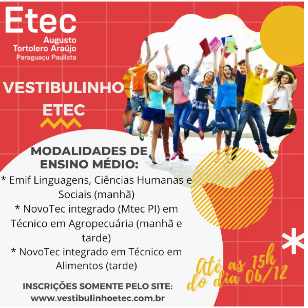 Até as 15 horas de hoje, ETEC de Paraguaçu recebe inscrições para Vestibulinho 2022