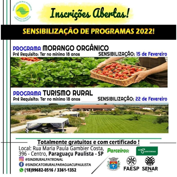 Paraguaçu terá Programas de “Turismo Rural” e de “Morango Orgânico”