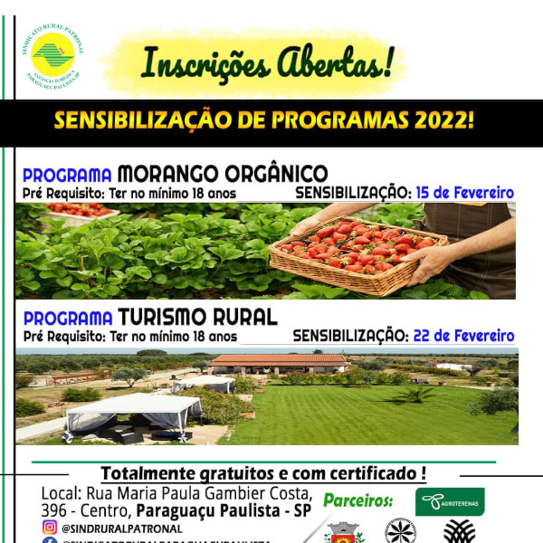 Inscrições para aulas do Programa de Turismo Rural e Morango Orgânico podem ser realizadas on-line