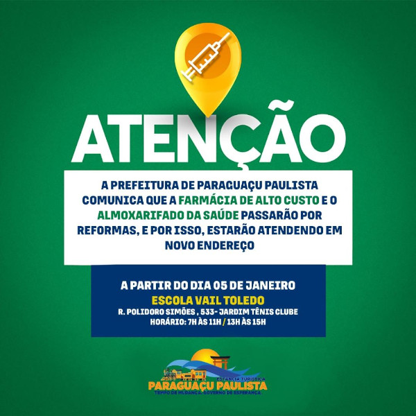 Farmácia de Alto Custo e Almoxarifado da Saúde de Paraguaçu estão em novo endereço