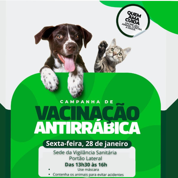 Amanhã, dia 28, tem vacinação para cães e gatos em Paraguaçu