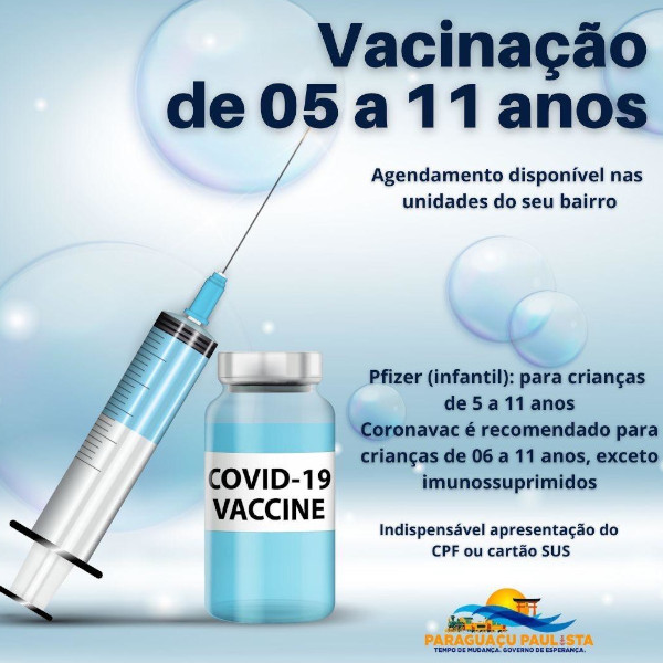 Unidades de Saúde de Paraguaçu vacinam crianças de 5 a 11 anos