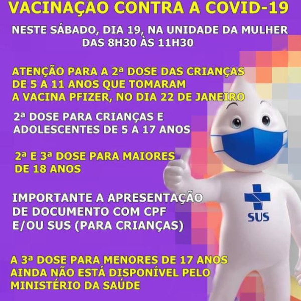 Crianças de 5 a 11 anos recebem a 2ª dose neste sábado, na Unidade da Mulher