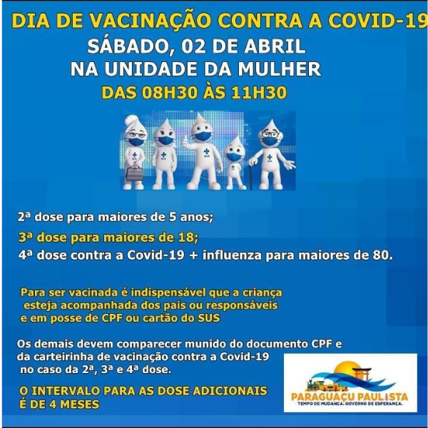 Sábado, dia 2, terá vacinação contra a Covid-19, na Unidade da Mulher