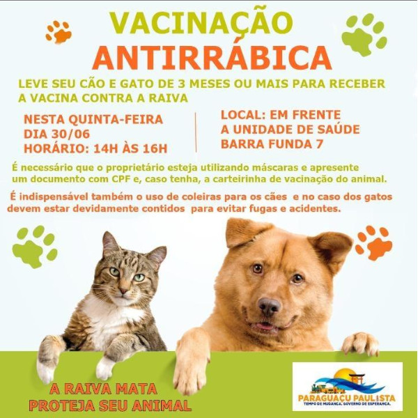 Tem vacinação para cães e gatos na Barra Funda, quinta-feira, dia 30