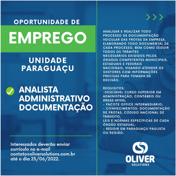 Oliver Solutions está contratando em Paraguaçu