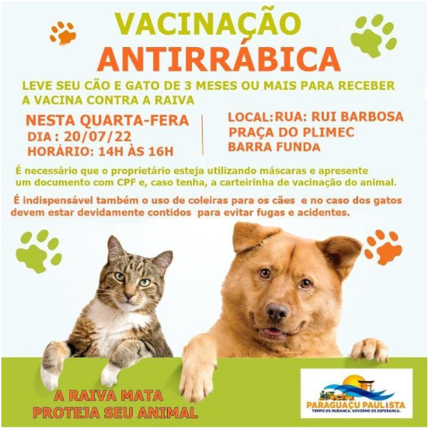 Saúde de Paraguaçu vacina cães e gatos, nesta quarta-feira