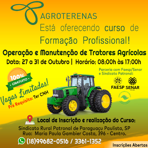 Agroterenas e Sindicato Rural oferecem curso de operação e manutenção de tratores agrícolas 
