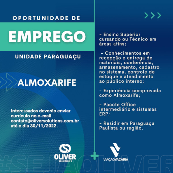 Empresa Oliver inscreve para vaga de emprego em Paraguaçu