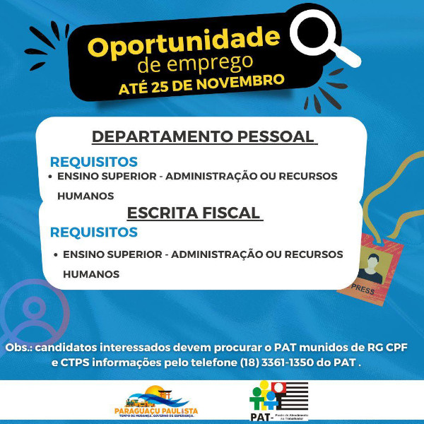 PAT de Paraguaçu recebe currículos para vagas de emprego até hoje, sexta