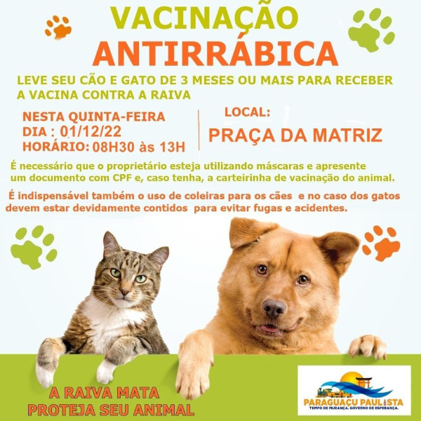 Vacina antirrábica em cães e gatos será aplicada na Praça da Matriz, dia 1º