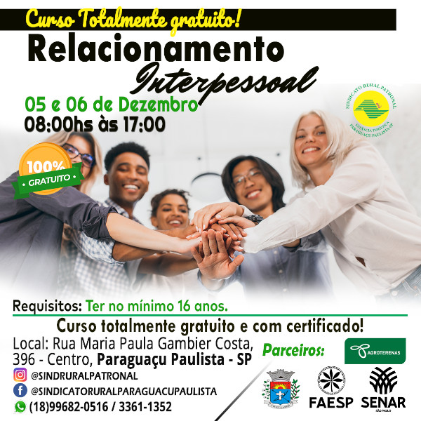 Sindicato Rural Patronal de Paraguaçu inscreve para o curso de “Relacionamento Interpessoal”