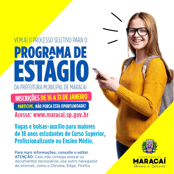 Prefeitura de Maracaí inscreve para programa de estágio