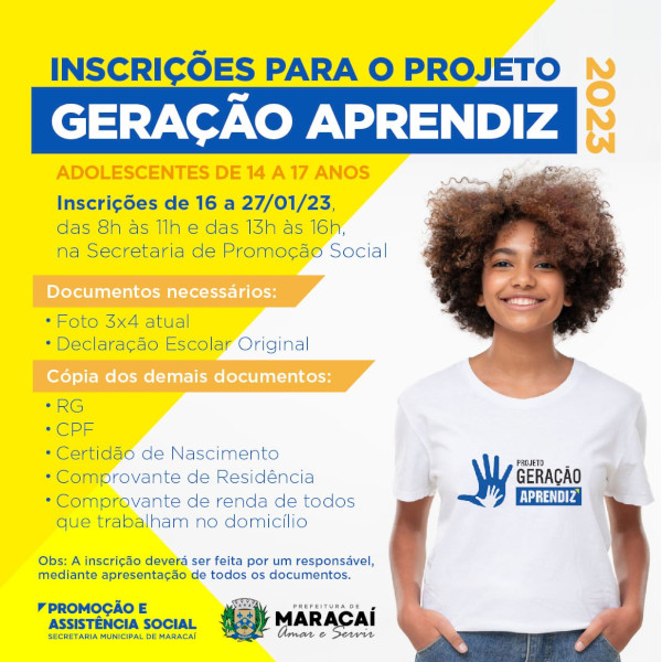 Promoção Social de Maracaí abre inscrições para o Projeto Geração Aprendiz 2023