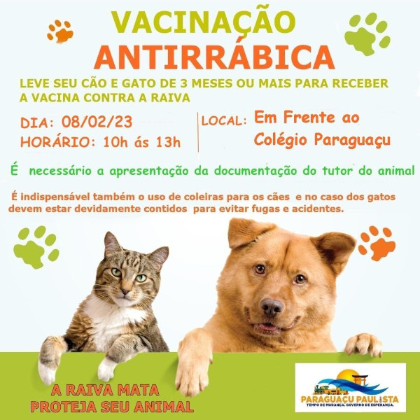 Nesta quarta-feira terá vacinação contra raiva para cães e gatos em Paraguaçu