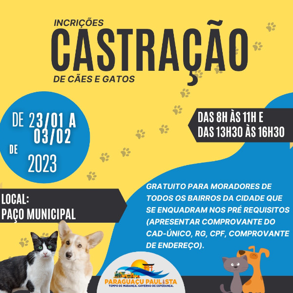 Inscrições para a castração de cães e gatos terminam na sexta, dia 3