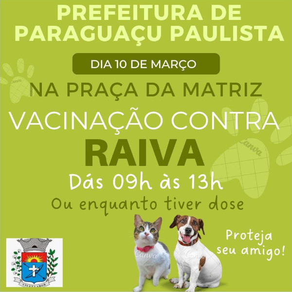 Sexta-feira tem vacinação contra a raiva na Praça da Matriz