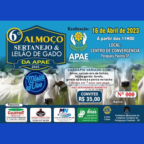 6º Almoço Sertanejo e Leilão de Gado da APAE de Paraguaçu será em abril 