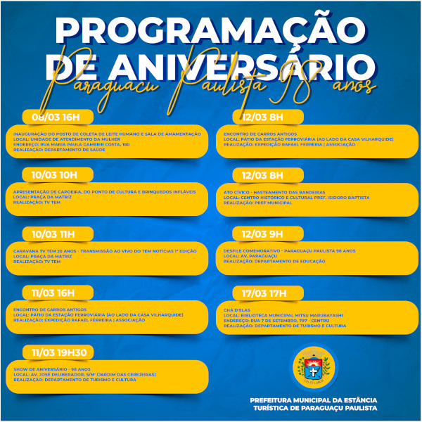 Confira a programação de aniversário de Paraguaçu Paulista