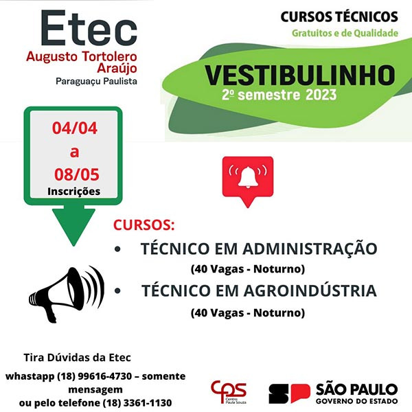 ETEC de Paraguaçu Paulista abre inscrições para o Vestibulinho 2º Semestre de 2023