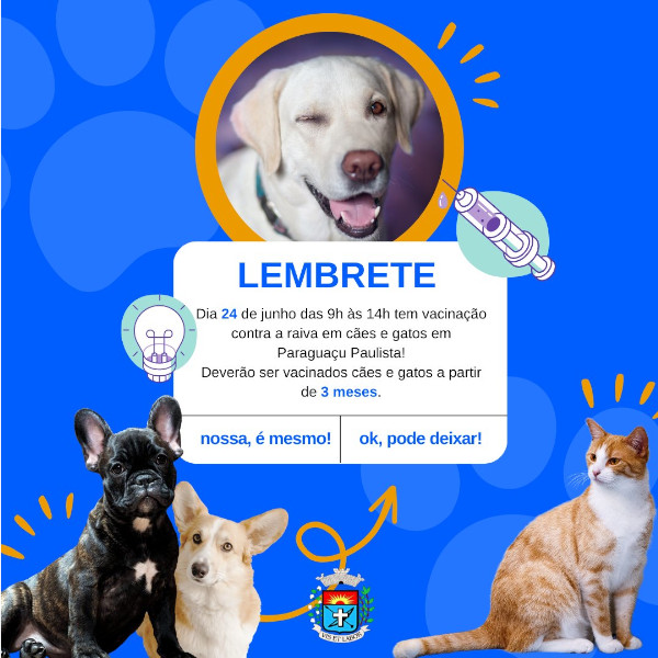 Hoje tem vacinação contra a raiva em cães e gatos em Paraguaçu Paulista