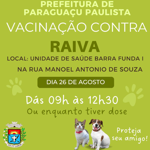 Hoje tem vacinação contra a raiva na Unidade de Saúde Barra Funda I