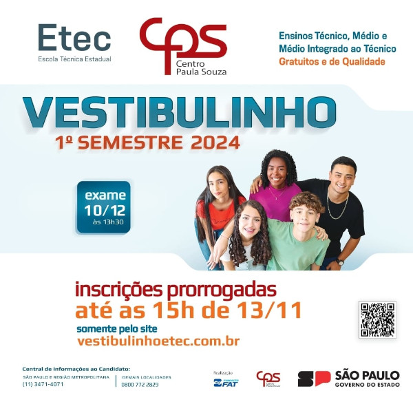 Prorrogadas as inscrições do Vestibulinho da Etec de Paraguaçu Paulista