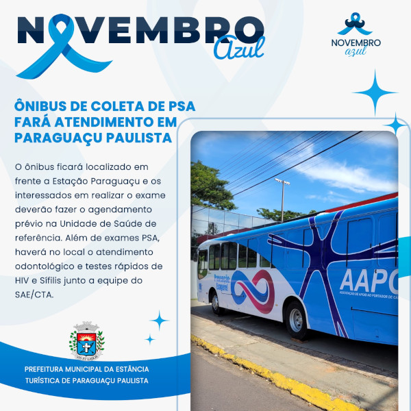 Hoje! Ônibus de coleta de PSA atende nesta quarta-feira, em Paraguaçu Paulista