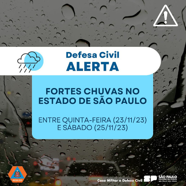 Defesa Civil alerta para chuva que atingirá o estado de SP entre hoje, quinta-feira, e sábado (25)